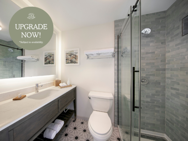 A modern bathroom with a tiled shower, glass door, toilet, and double vanity, with &ldquo;UPGRADE NOW!&rdquo; promotional text.