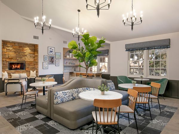A stylish lounge with a stone fireplace, modern sofas, round coffee tables, wooden chairs, a tall fiddle-leaf fig, tiled floor, and warm pendant lighting.