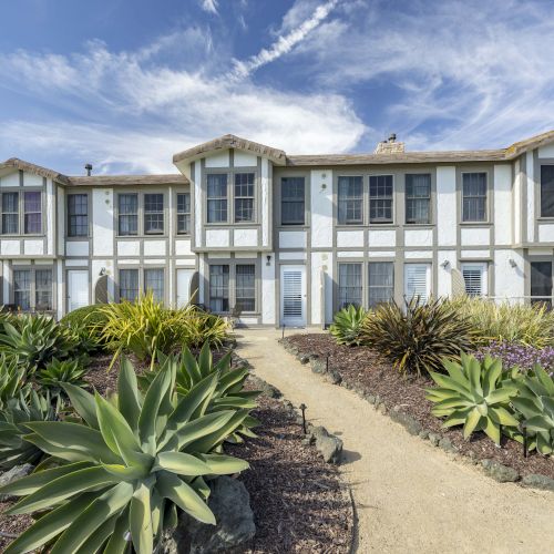 A white multi-story home with arched windows and a front garden of agave and purple flowers under a blue sky.