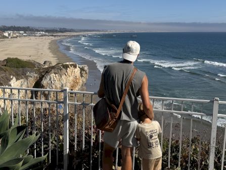 A man and child watch the waves from a cliff viewpoint over a sandy beach under a clear blue sky.