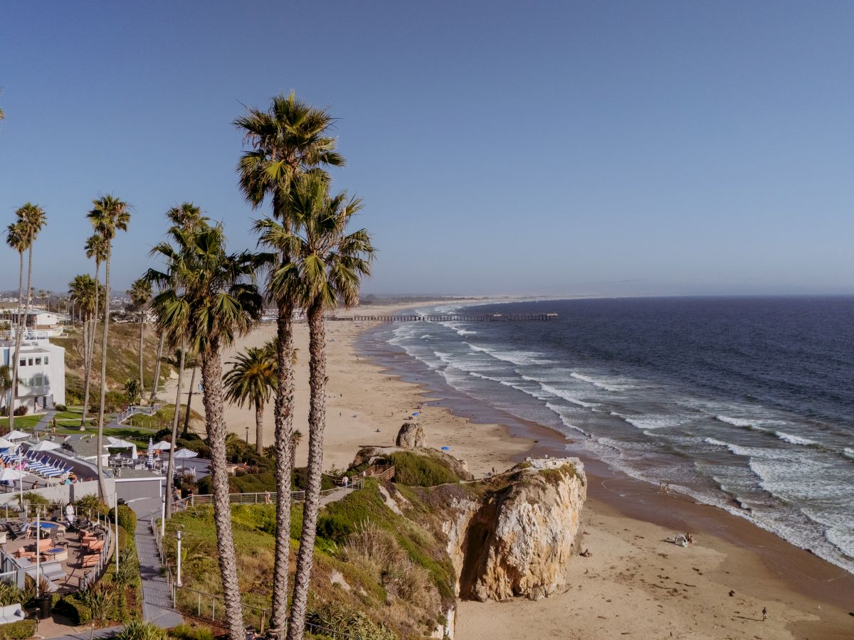 Palm-lined coastal resort overlooking a sandy beach and the blue Pacific, with waves rolling in under a clear sky.